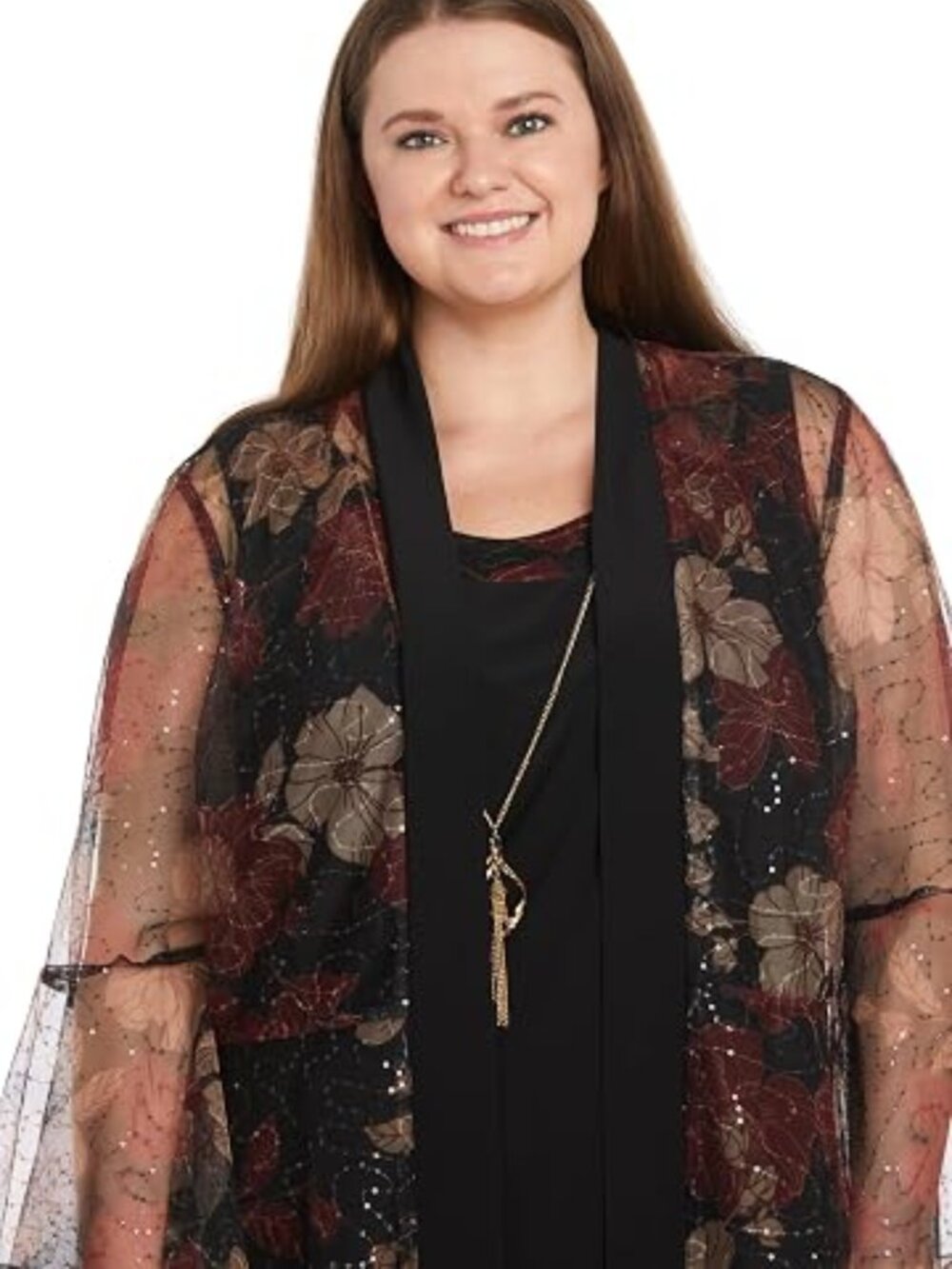 R&M Richards Women's Ensemble-Black Red Tan Sheer Jacket Tank Black Pants Sz-16